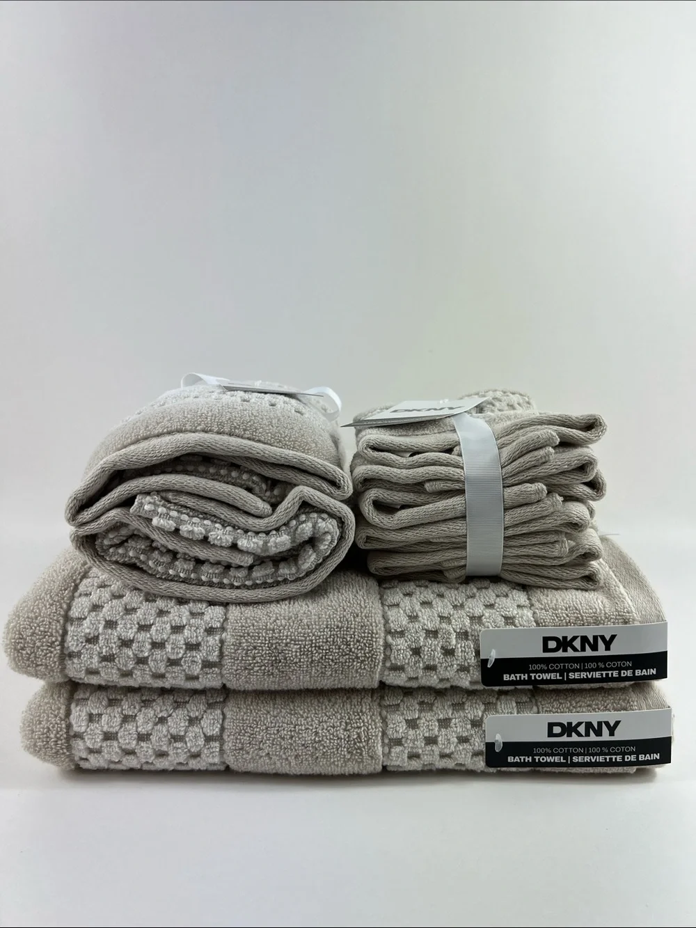 DKNY Bath Towels Tan White Textured Soft Plush 100% Cotton 8 Pc Set NEW